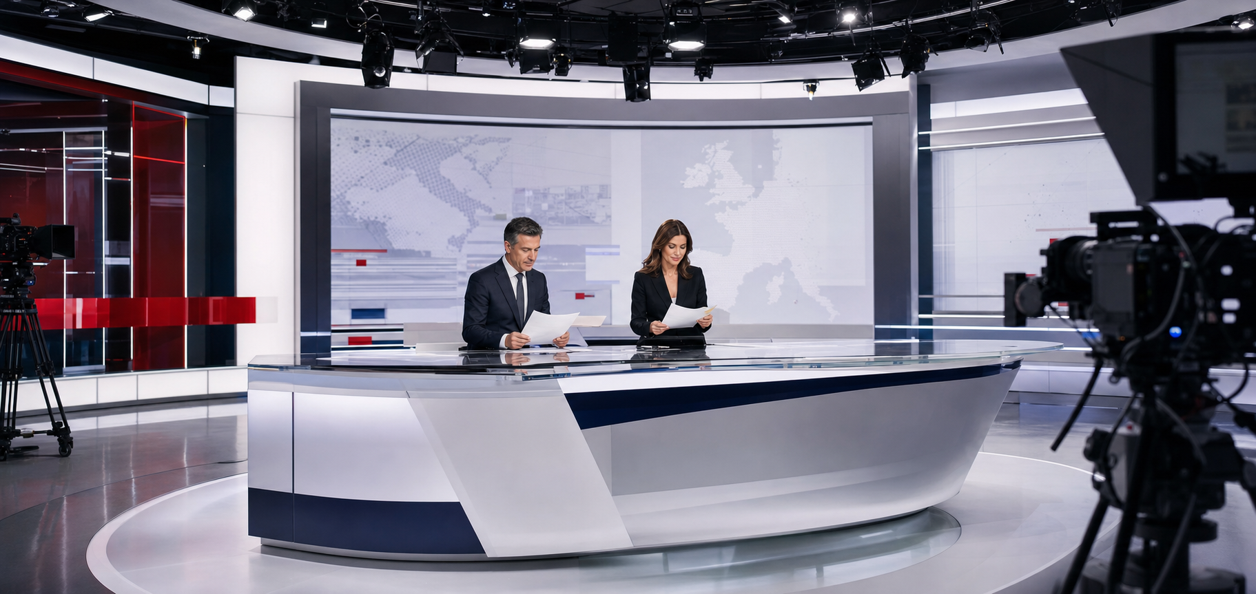 Studio televisivo moderno con conduttori, desk lucido, telecamere e grandi schermi editoriali